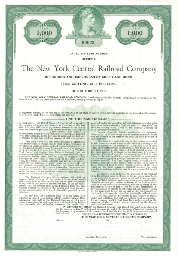 New York Central Railroad Co. - Various Denominations Bond